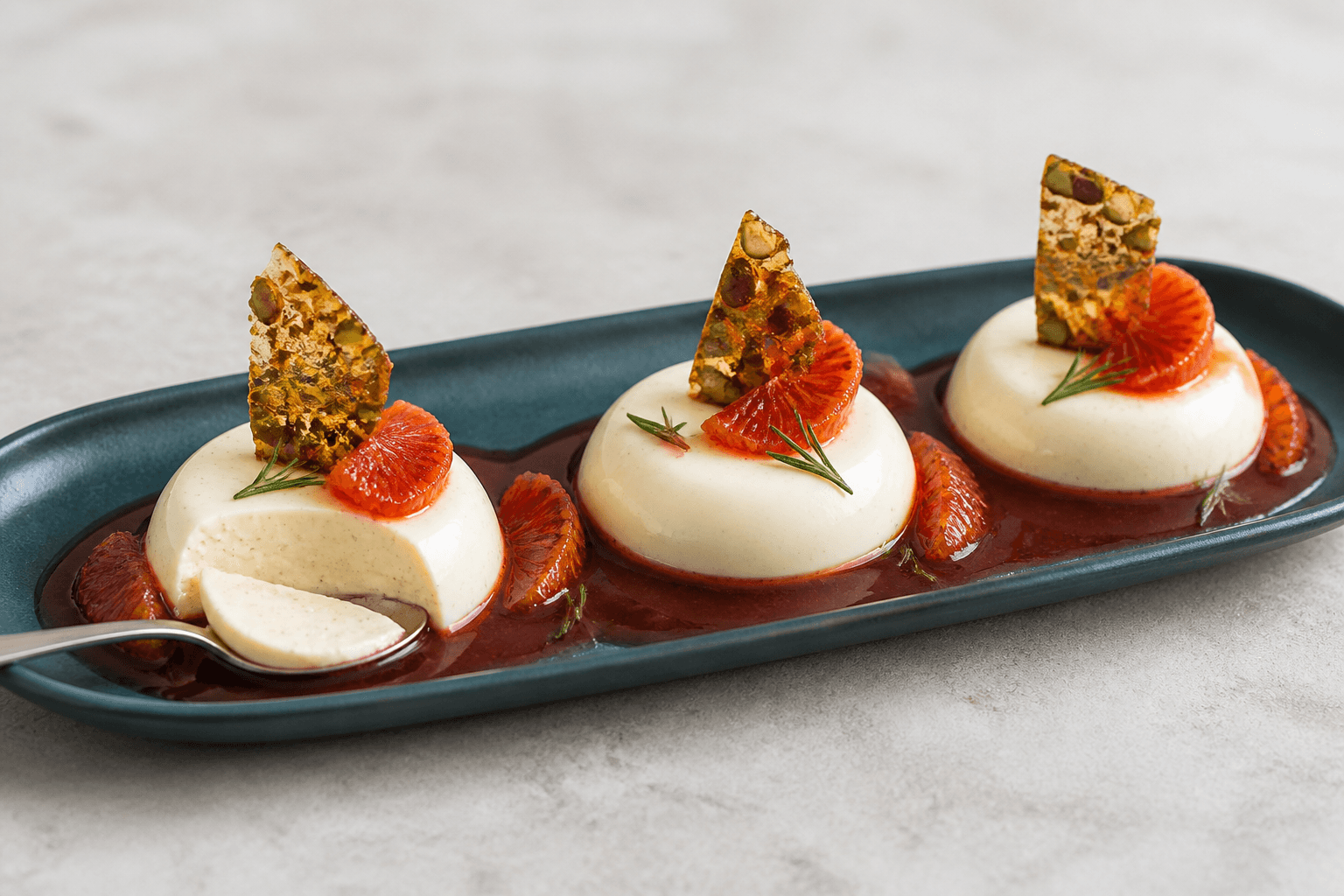 Tre hvide kærnemælks-panna cotta med blodappelsin-rosmarinsauce, citrusfileter og pistaciekrokant på mørkegrønt fad