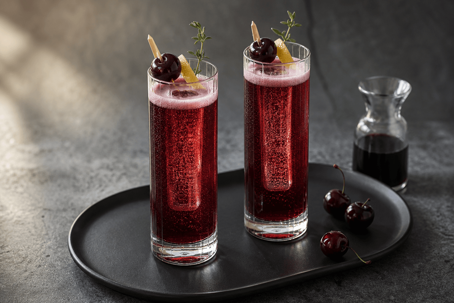 To høje mørkerøde surkirsebær-gin fizz med amaro, citron, vanilje, lys skumkant, lang isstav, kirsebær og timian på sort fad