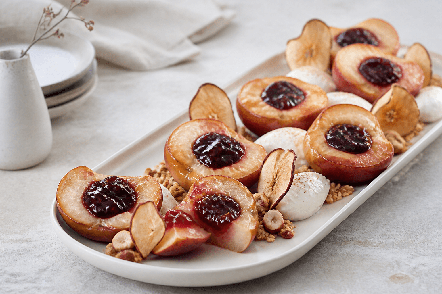 Ovnbagte røde æblehalvdele med blank solbær-æblegelé, kardemomme-havre-hasselnøddeknas, cremefraiche og æblechips på lyst fad
