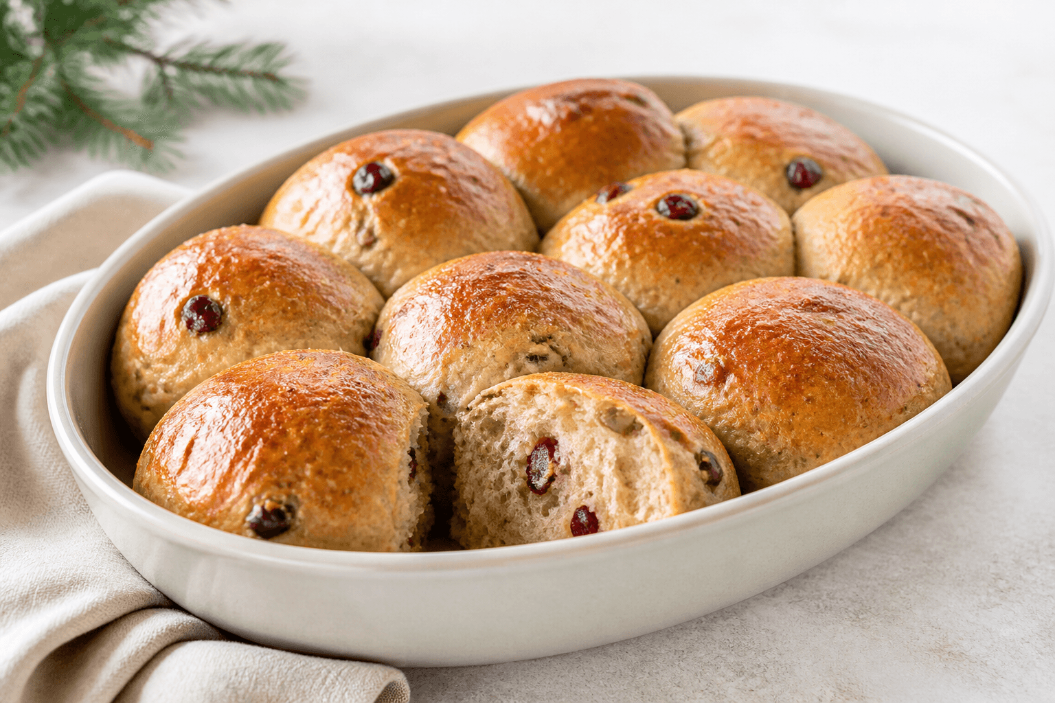 Bløde juleboller med spelt, tranebær, hasselnød, appelsin og kardemomme i lyst ovalt stentøjsfad