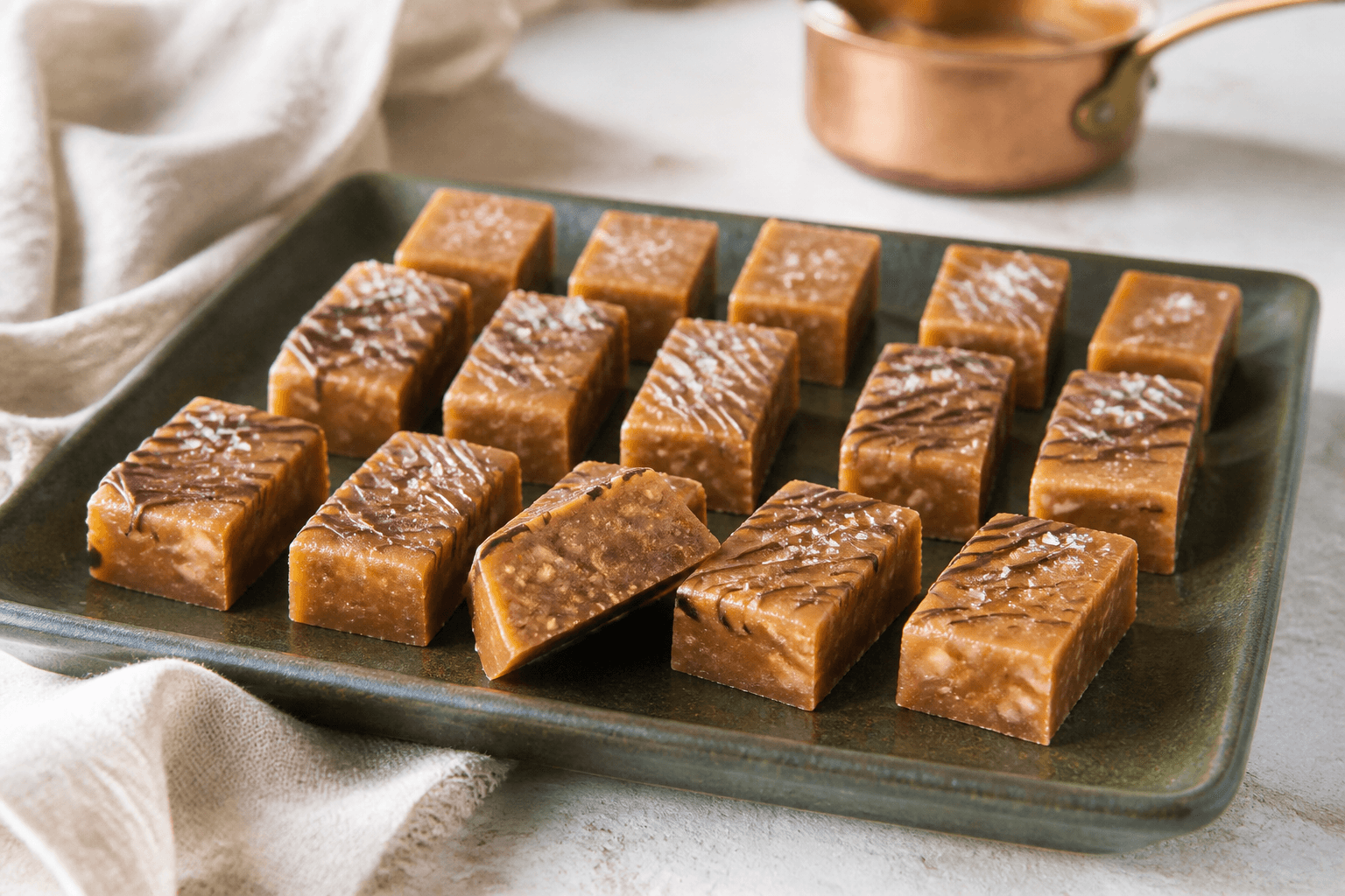 Rektangulære stykker fudge med brunet smør, hasselnød, sesam, mørk chokolade og flagesalt på mørkegrønt fad