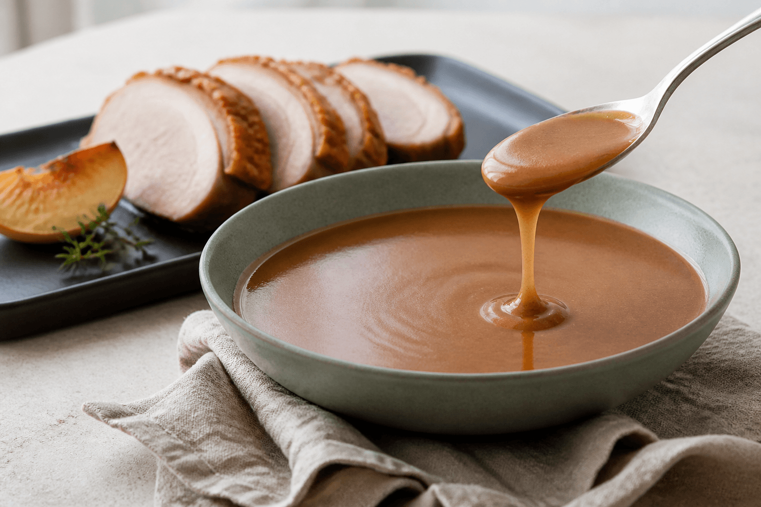 Silkeblød brun sauce til flæskesteg med æble, timian og ribsgele i lav salviegrøn skål med sauce på ske