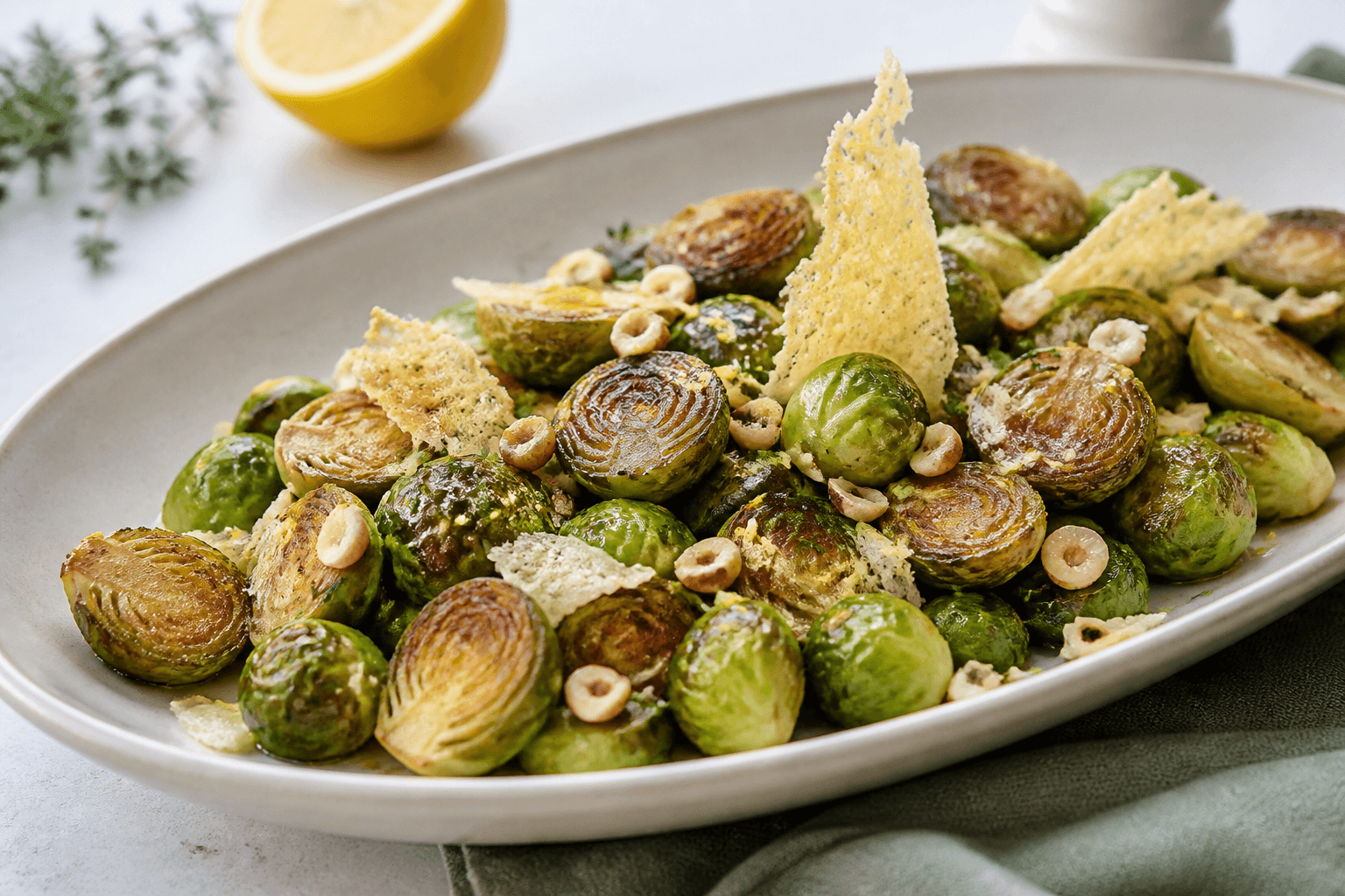 Mørkgyldne bagte rosenkål med parmesanflager, hasselnød, citron, timian og brunet smør på lyst ovalt fad