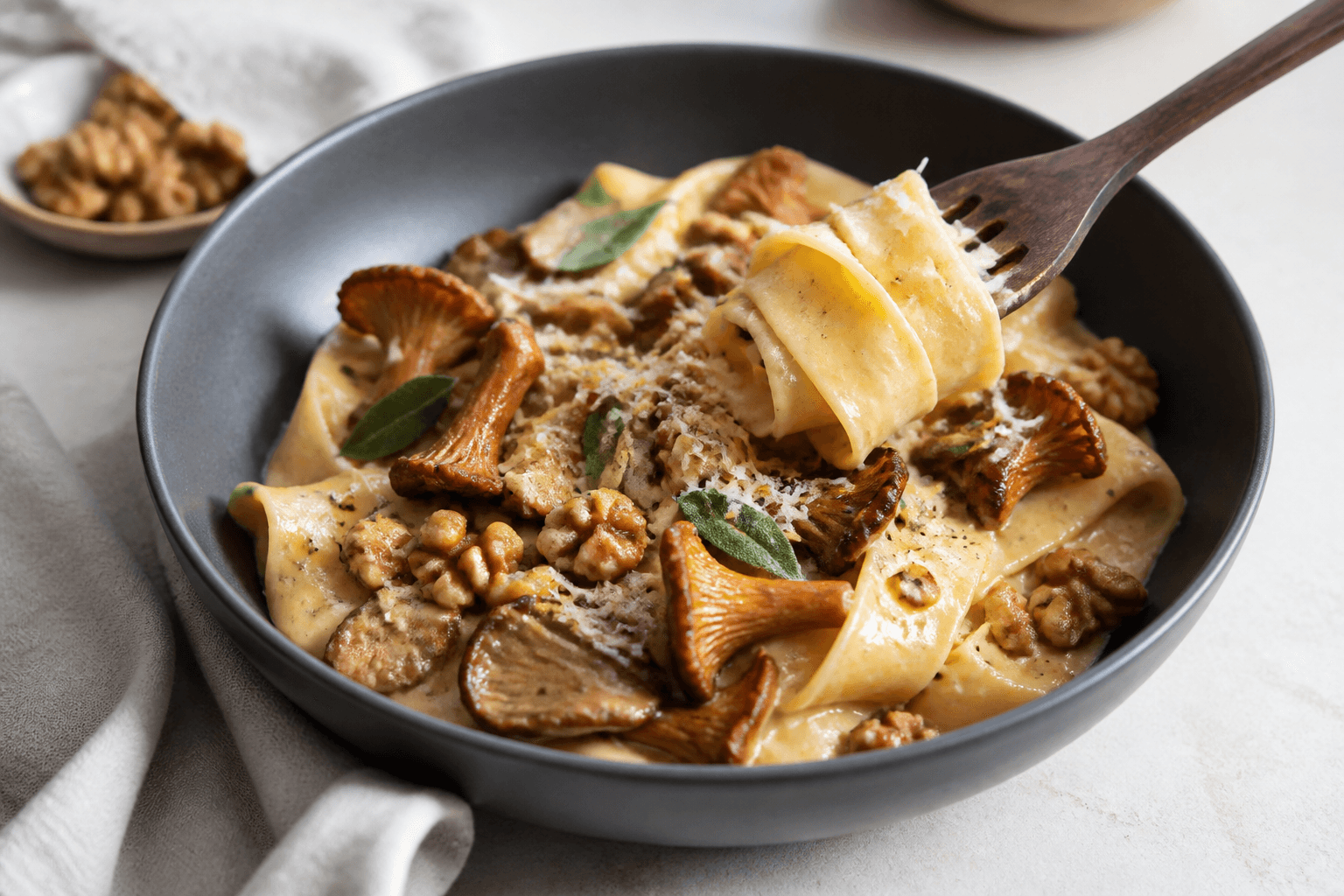 Pappardelle med østershatte, kantareller, valnød, misocreme, salvie og citron i dyb mørkegrå skål