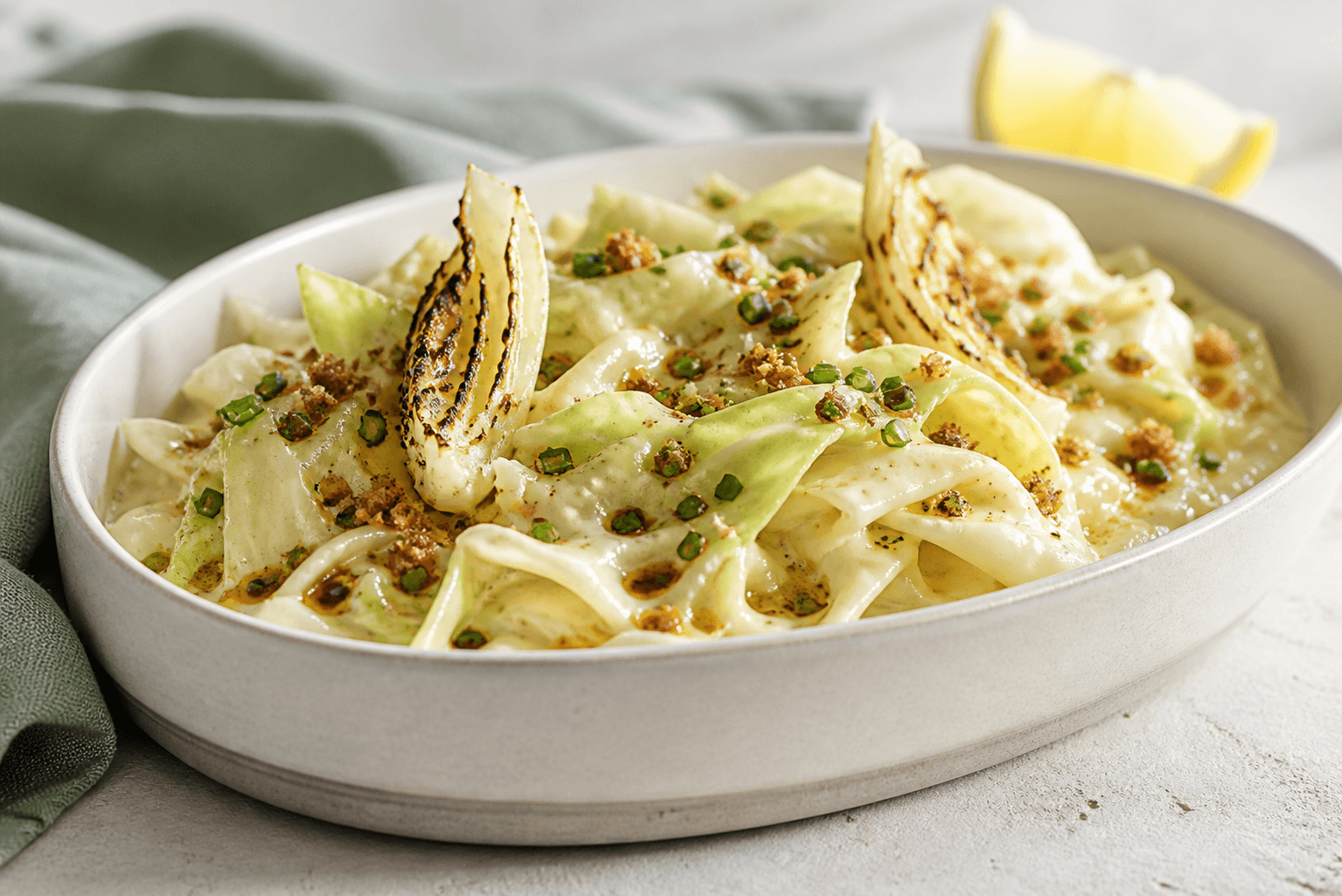 Stuvet spidskål med dijon, citron, brunet smør, chives og sprød rugkrumme i lavt lyst ovalt fad