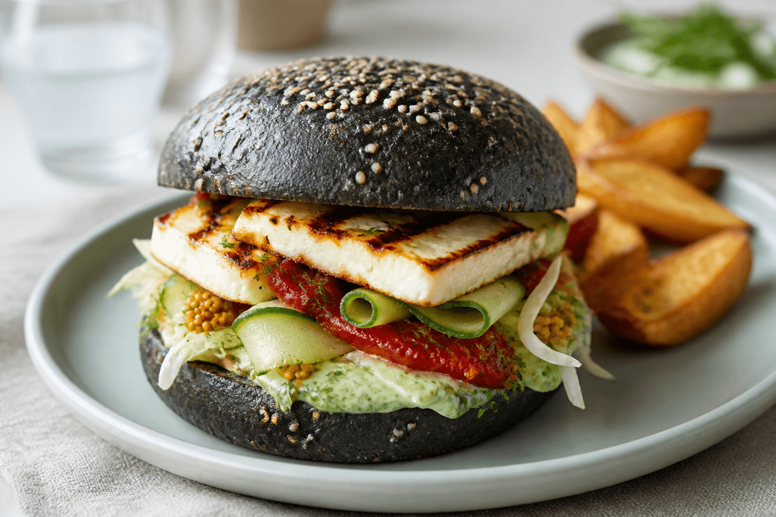 Halloumiburger i mørk sesambolle med grillet ost, peberrelish, agurk, spidskål, dildcreme og sennepsfrø