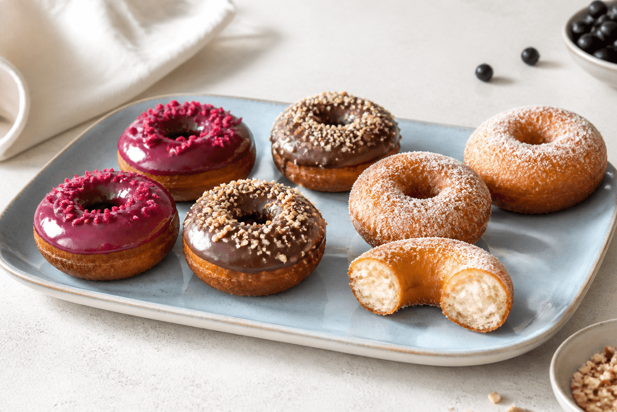 Små luftige brioche-donuts med solbærglasur, mørk chokolade, hasselnød og citron-kardemommesukker på lyseblåt fad