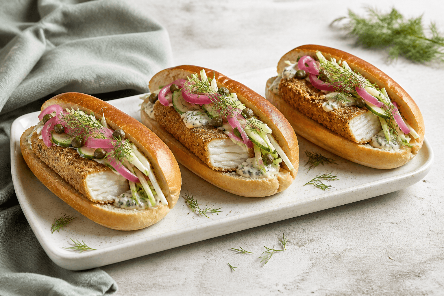 Fiskehotdogs med rugpaneret sej, kapersremoulade, fennikel-agurkeslaw, syltede rødløg og dild på lyst fad
