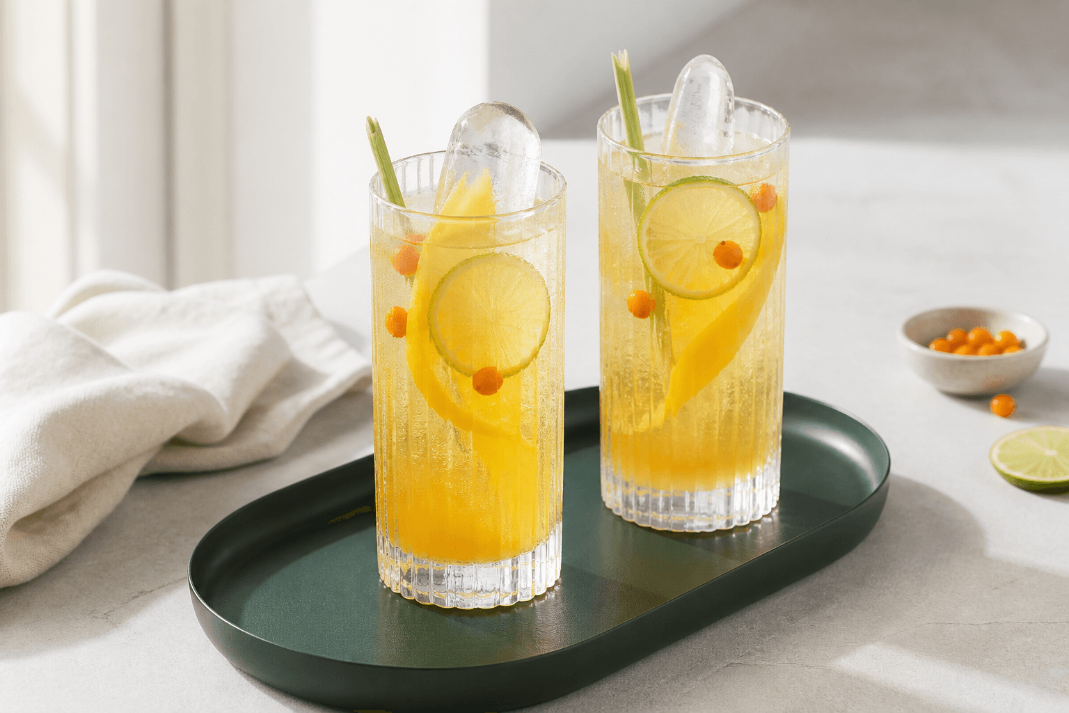 To høje gyldne Gin Hass med mango, havtorn, lime, citrongræs, klar is og danskvand på mørkegrøn bakke