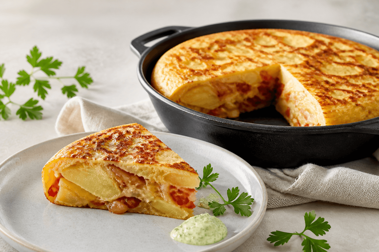 Høj spansk tortilla med kartoffellag, karamelliseret løg og piquillopeber i sort pande med grøn urteaioli