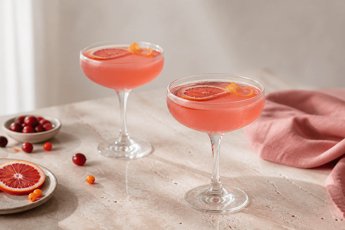 To klare koralrosa Cosmopolitan-cocktails med tranebær, blodappelsin, havtorn, lime og appelsinskal i lave coupeglas