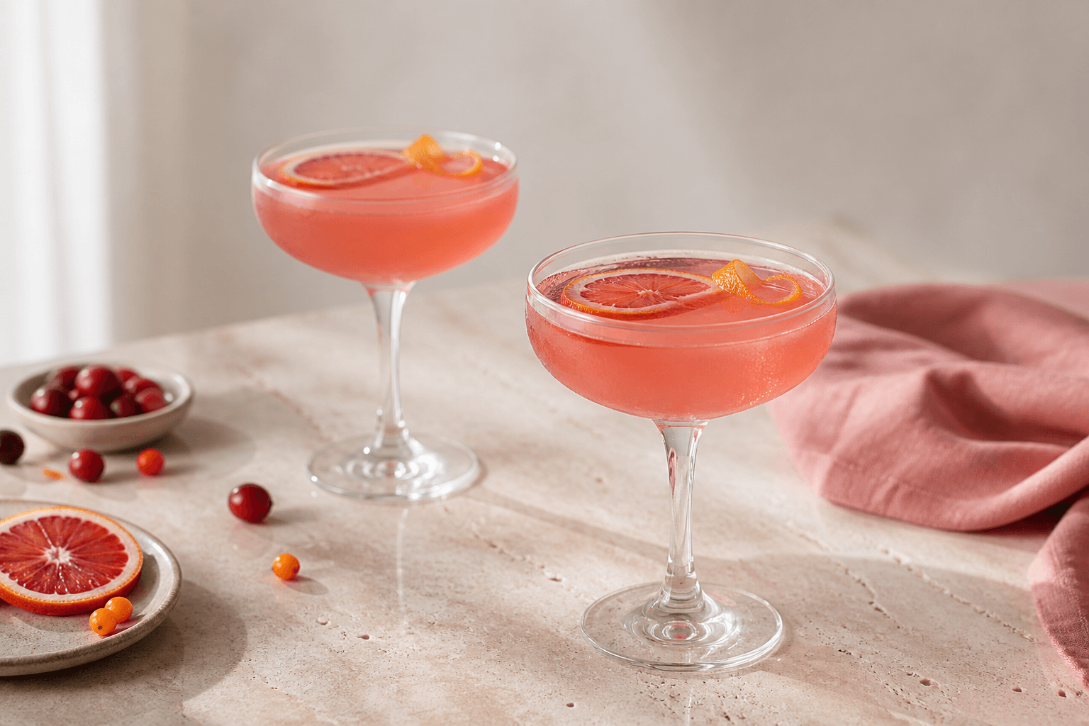 To klare koralrosa Cosmopolitan-cocktails med tranebær, blodappelsin, havtorn, lime og appelsinskal i lave coupeglas