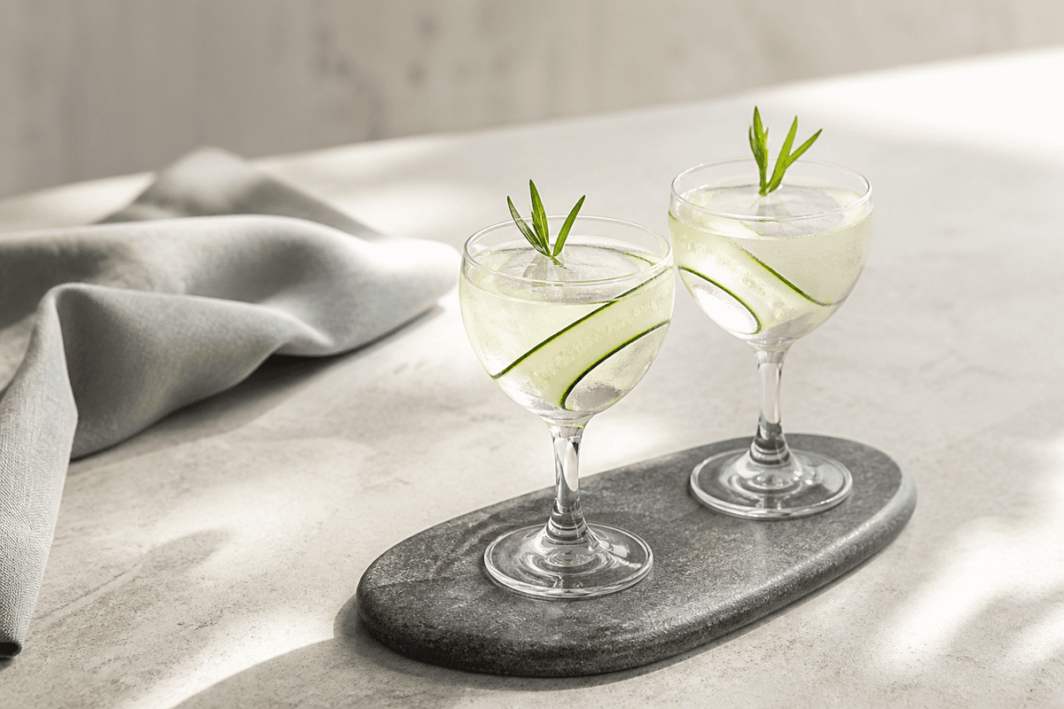 To klare lysegrønne Gin Gimlet med agurk, estragon, lime og klar is i små Nick og Nora-glas på mørk stenbakke
