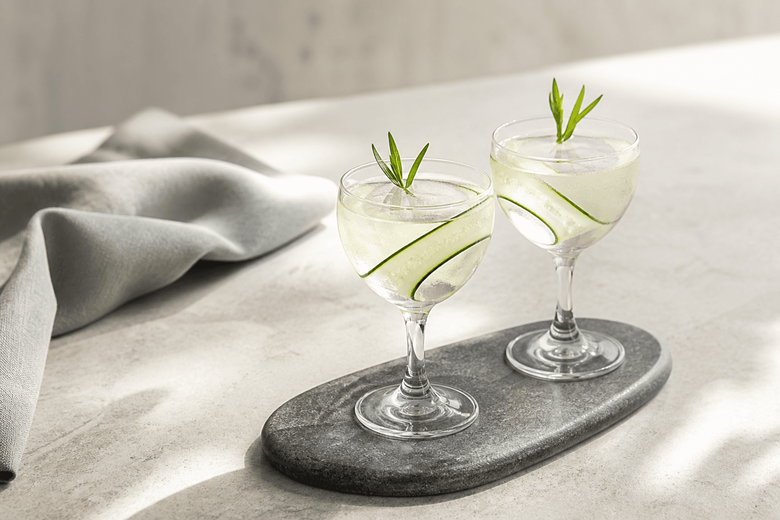 To klare lysegrønne Gin Gimlet med agurk, estragon, lime og klar is i små Nick og Nora-glas på mørk stenbakke