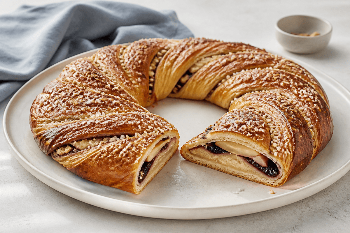 Flettet smørkringle som krans med mandel-kardemommeremonce, æble, solbær og hasselnød på lyst fad