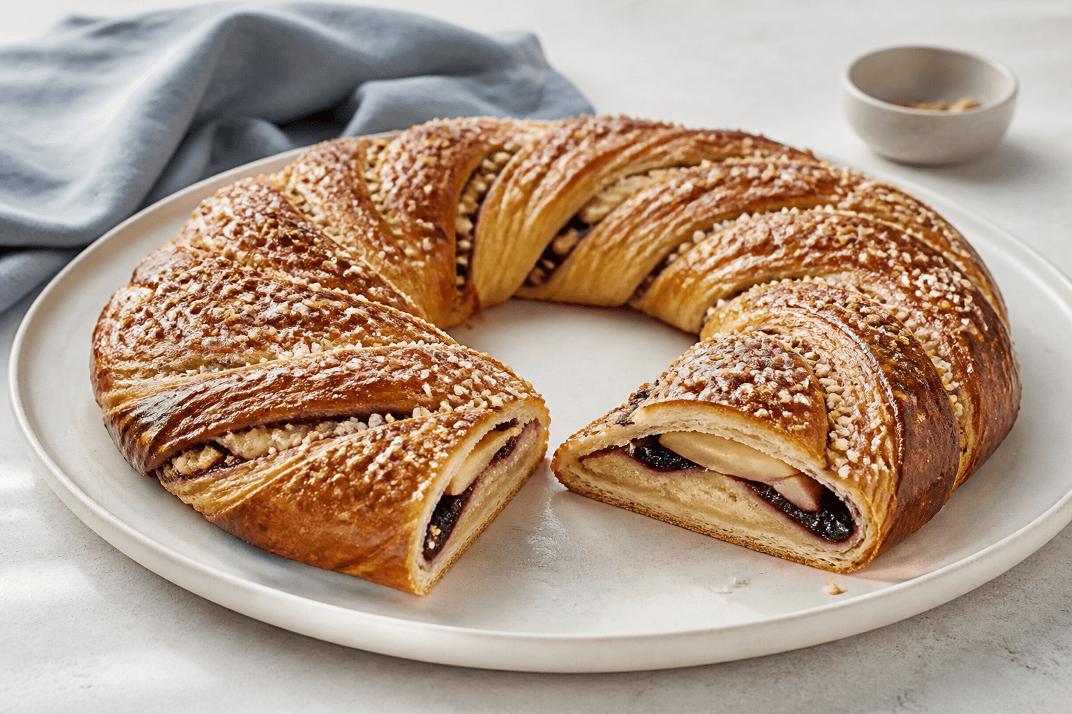 Flettet smørkringle som krans med mandel-kardemommeremonce, æble, solbær og hasselnød på lyst fad