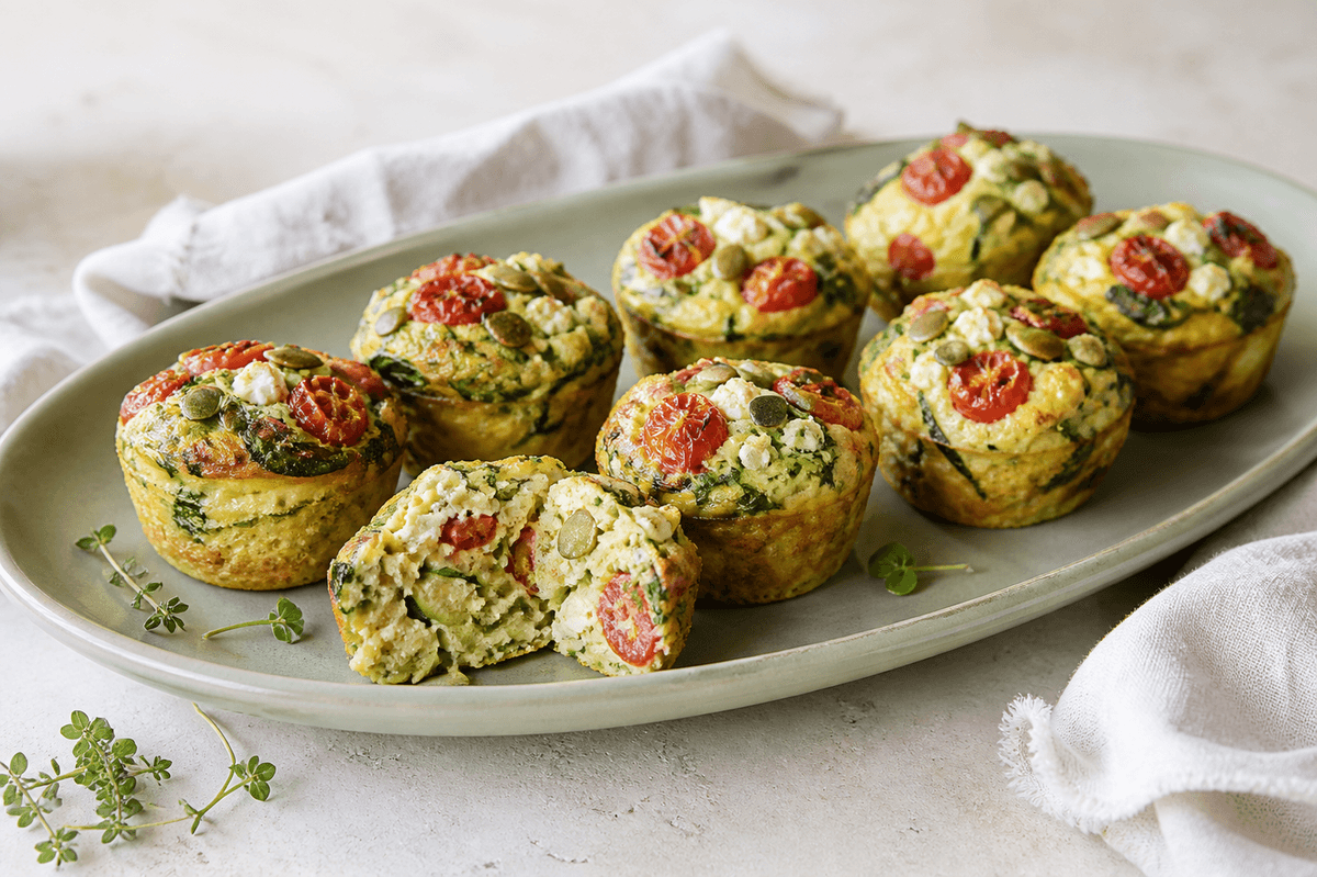 Høje æggemuffins med squash, ristede cherrytomater, spinat, feta og græskarkerner på salviegrønt fad