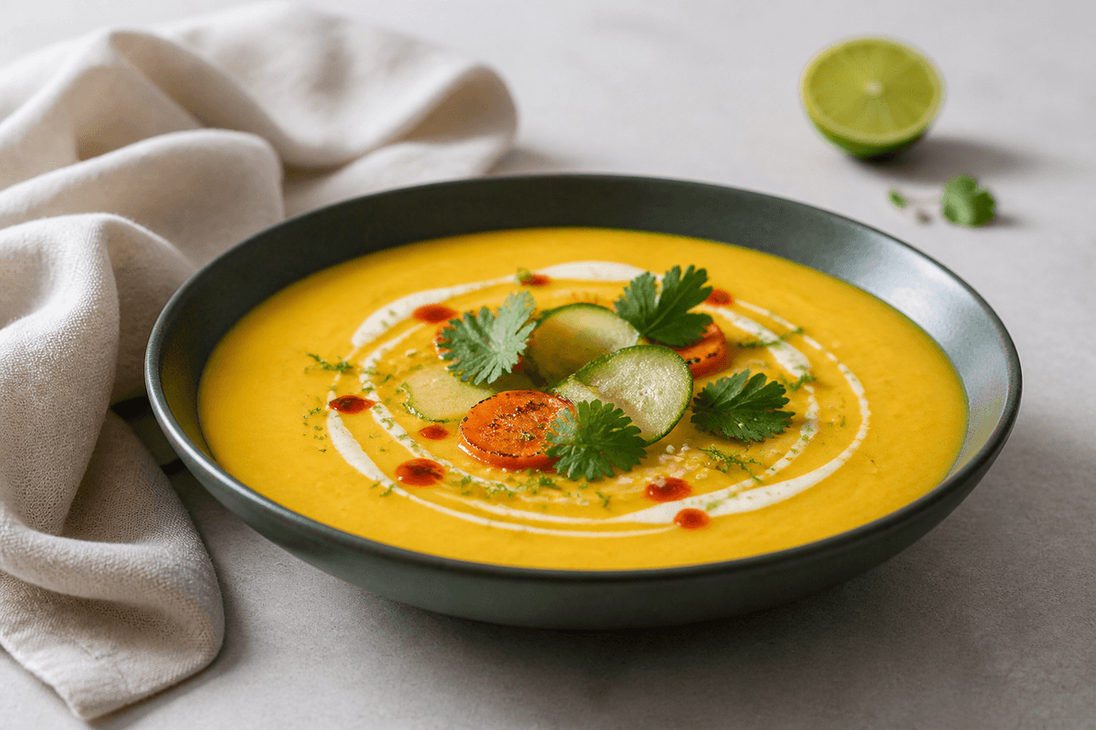 Kold gylden gulerodssuppe med kokos, lime, ingefær, agurk, koriander, sesam og chiliolie i mørkegrøn skål