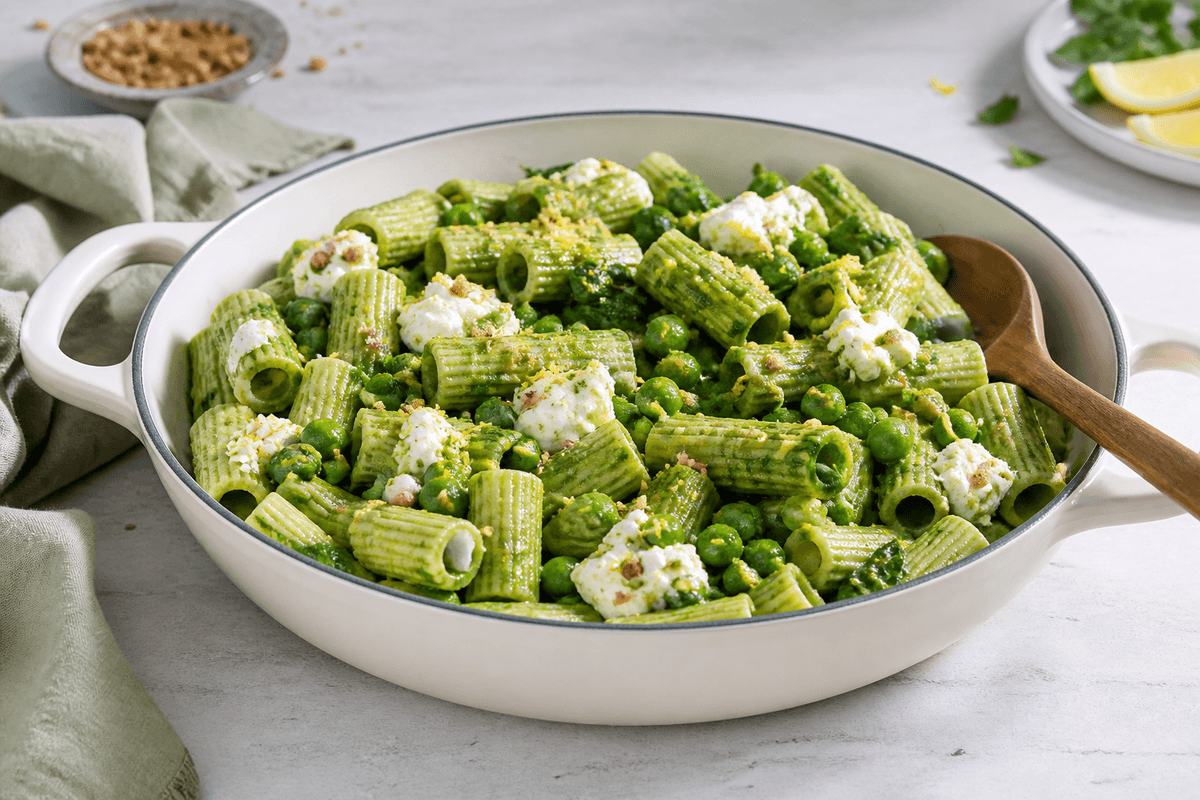 Cremet one pot pasta med ærter, spinat, citron, ricotta og rug-hasselnøddeknas i lys gryde