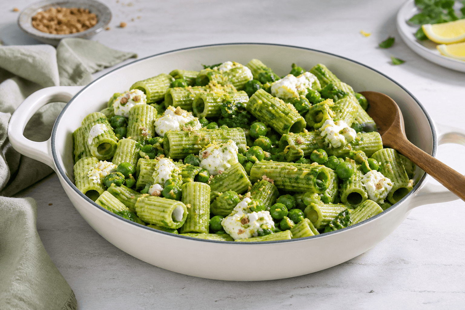 Cremet one pot pasta med ærter, spinat, citron, ricotta og rug-hasselnøddeknas i lys gryde