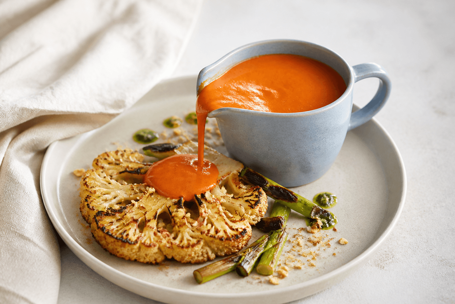 Blank dybrød paprikasauce af ristet peberfrugt, tomat, sherryeddike og brunet smør i lyseblå saucekande ved ristet blomkål