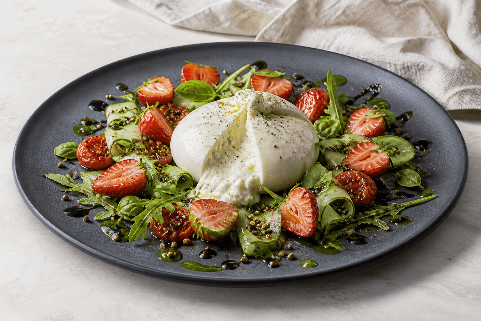 Jordbær-Caprese med åben burrata, ristede tomater, agurkebånd, rucola, basilikumolie, balsamico og boghvede