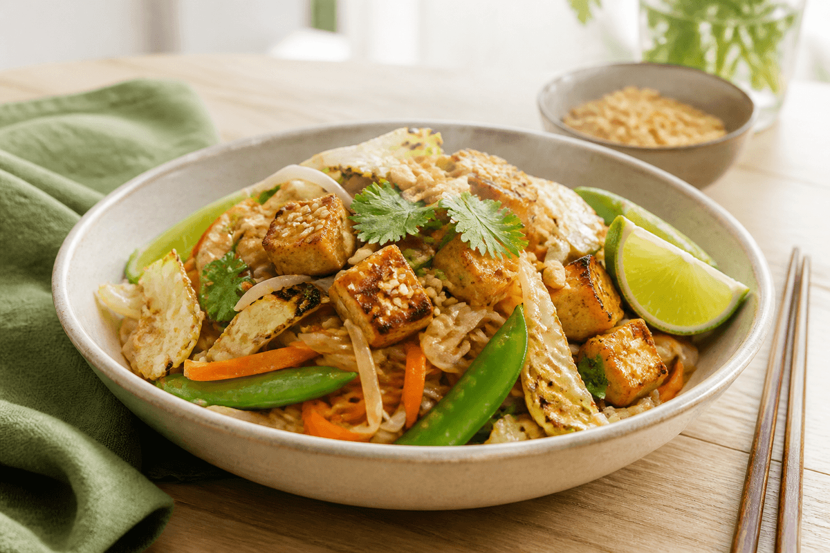 Vegetarisk pad thai med blanke risnudler, sprød tofu, grillet spidskål, sukkerærter, gulerod, lime og peanuts