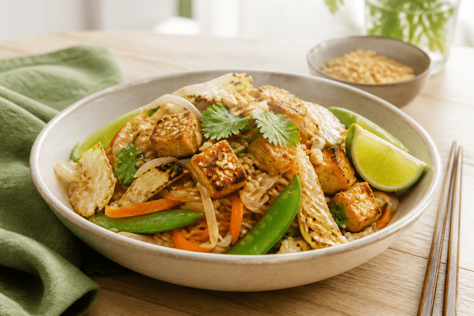 Vegetarisk pad thai med blanke risnudler, sprød tofu, grillet spidskål, sukkerærter, gulerod, lime og peanuts