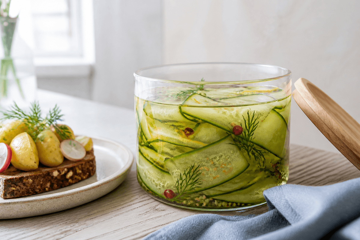 Syltede agurkebånd med dild, sennepsfrø, pink peber og citron i bredt glas med træ låg ved rugbrød