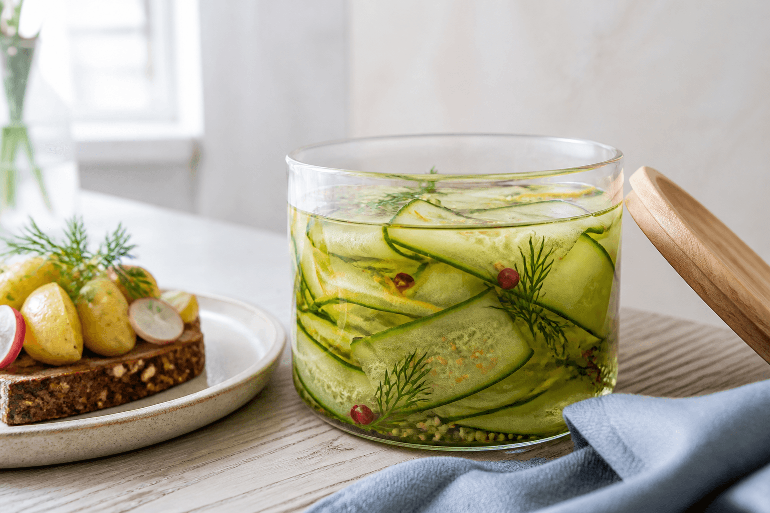 Syltede agurkebånd med dild, sennepsfrø, pink peber og citron i bredt glas med træ låg ved rugbrød