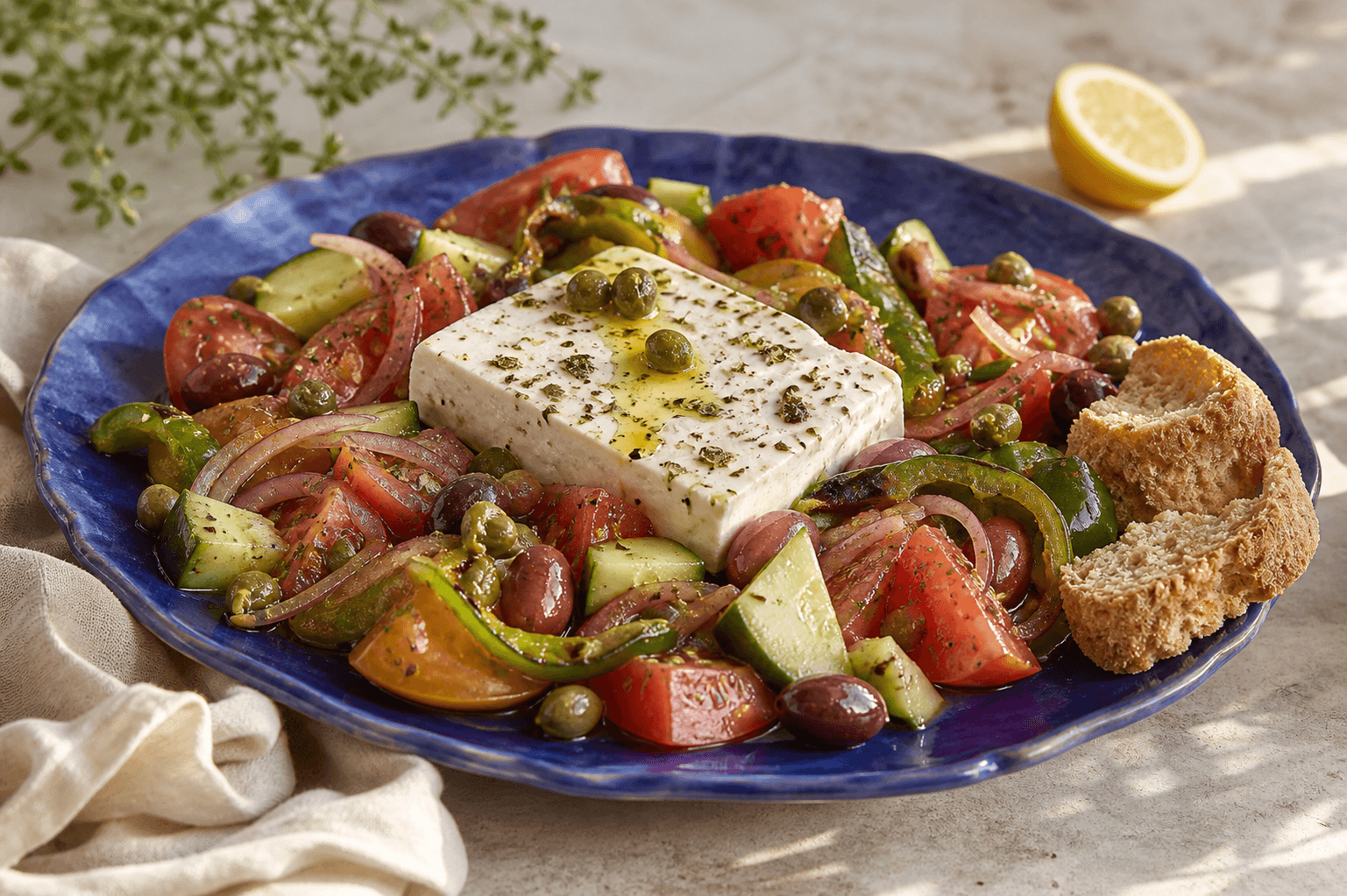 Græsk landsalat med tomater, agurk, grillet grøn peber, syltet rødløg, oliven, kapers og hel fetablok på blå tallerken