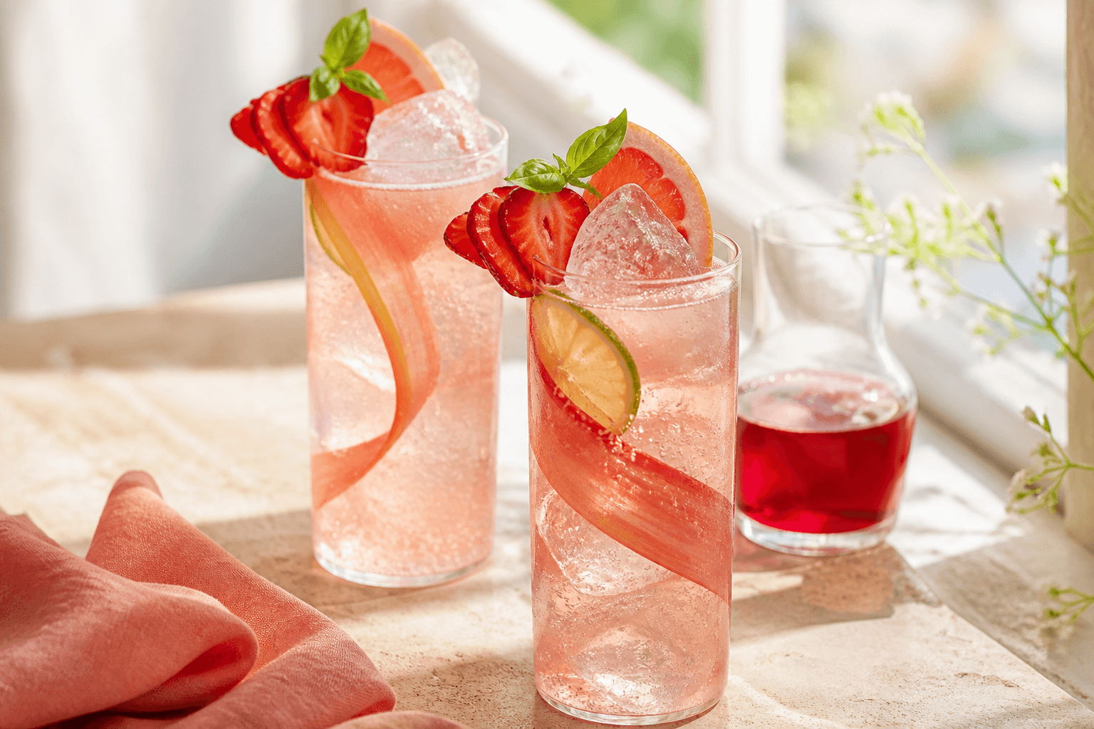 To høje jordbær-rabarber gin spritz med isspyd, rabarberbånd, jordbær, grapefrugt og basilikum