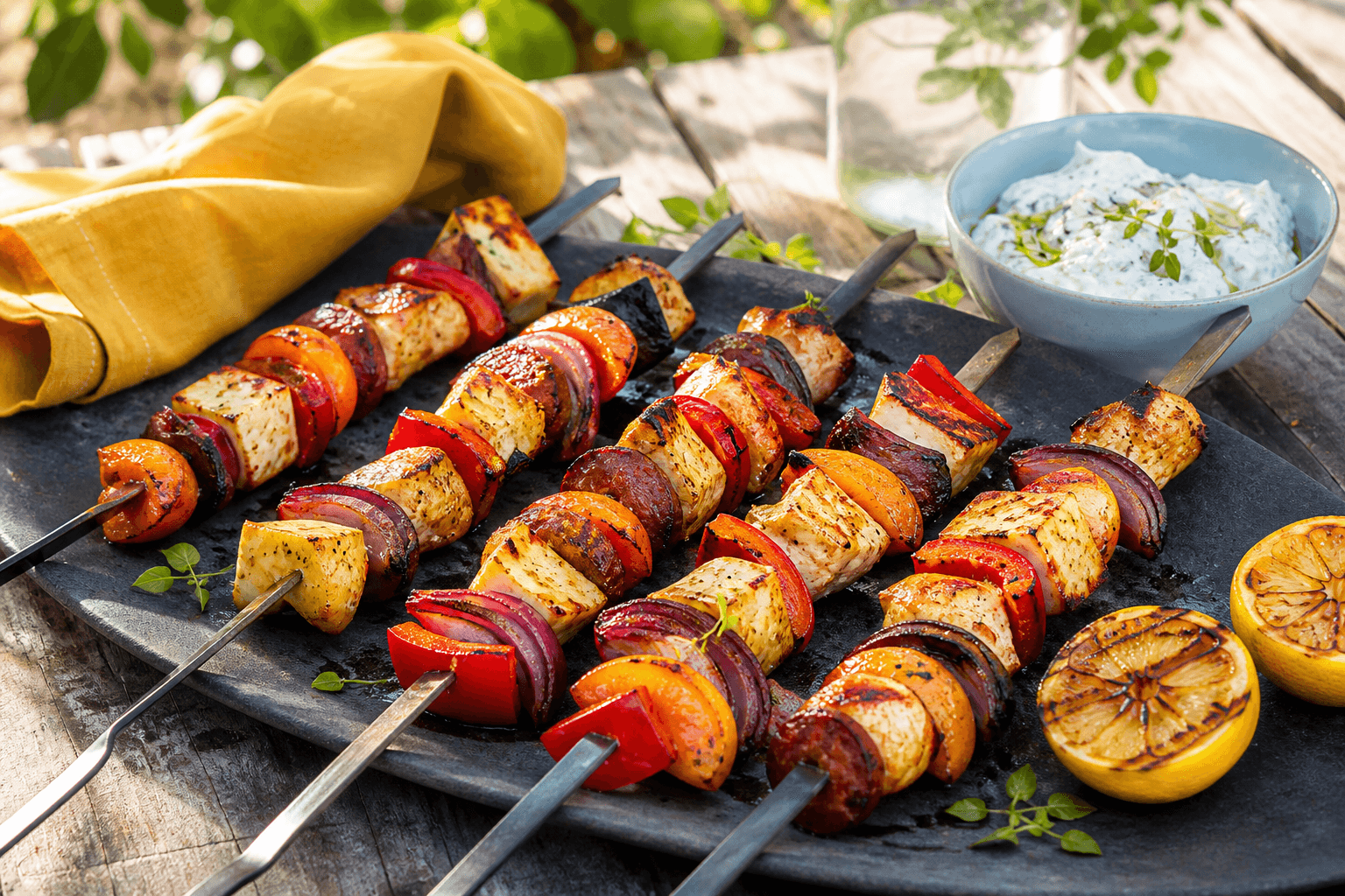 Safran-citron grillspyd med kylling, halloumi, chorizo, abrikos, rød peber og løg på mørkt fad med urteyoghurt