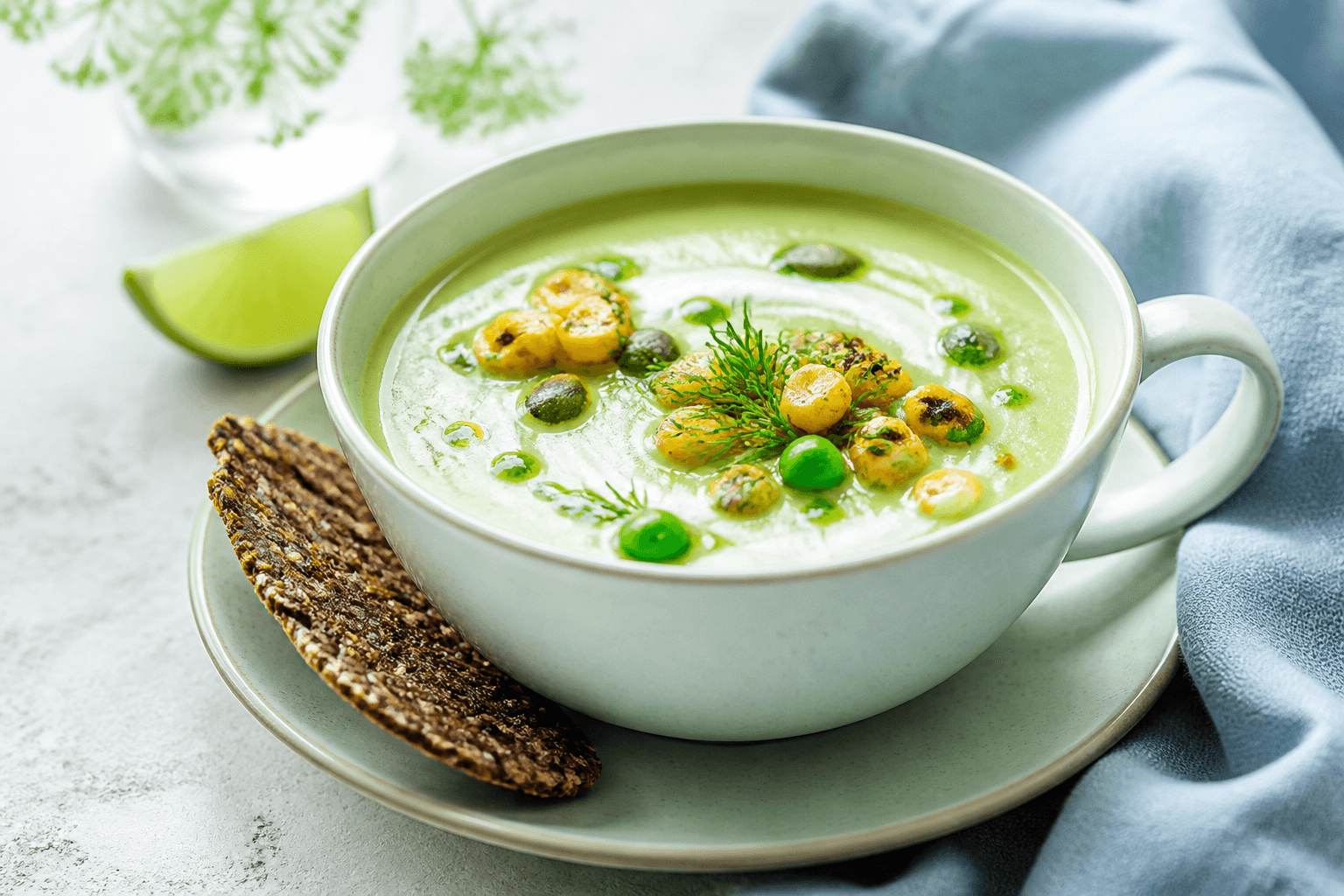 Kold lysegrøn avocado-agurkesuppe i søgrøn kop med skyr, dildolie, ristede majs, kerner og rugknækbrød