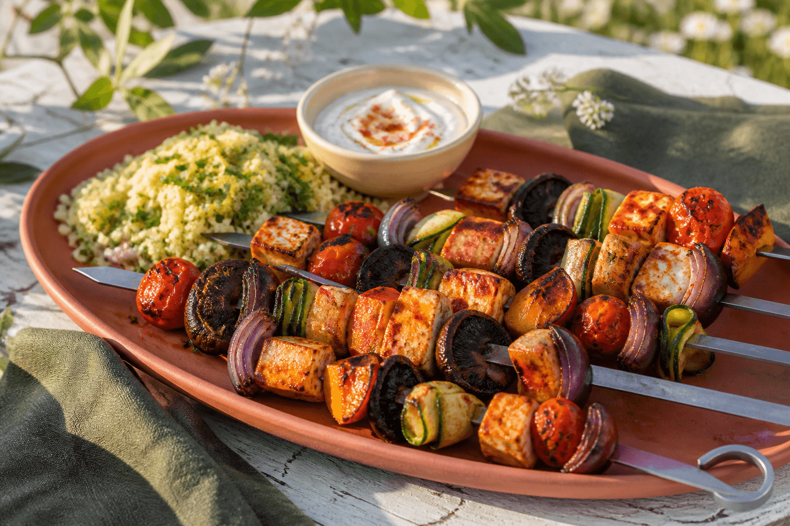 Harissa-halloumi-grillspyd med portobello, fersken, squashbånd, rødløg og tomat på terrakottafad med couscous og yoghurt
