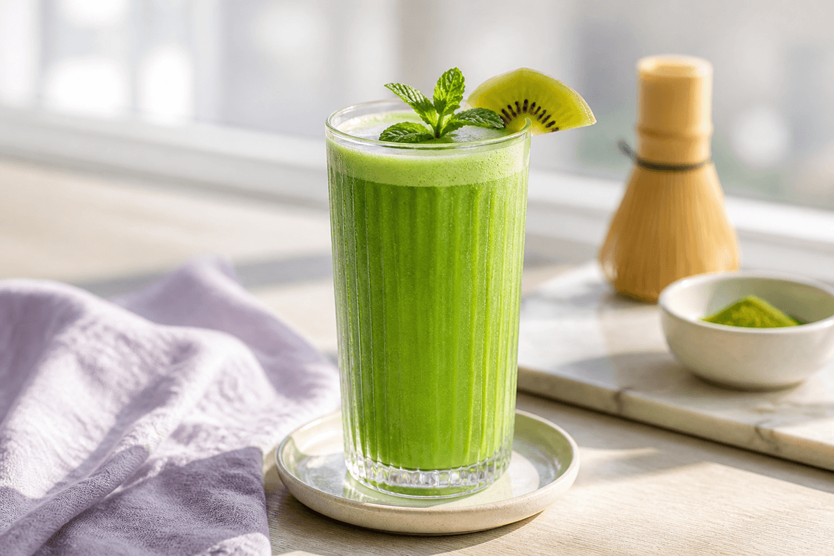 Høj jadegrøn matcha-myntesmoothie med pære, kiwi, avocado, skyr og lys skumtop i ribbet glas