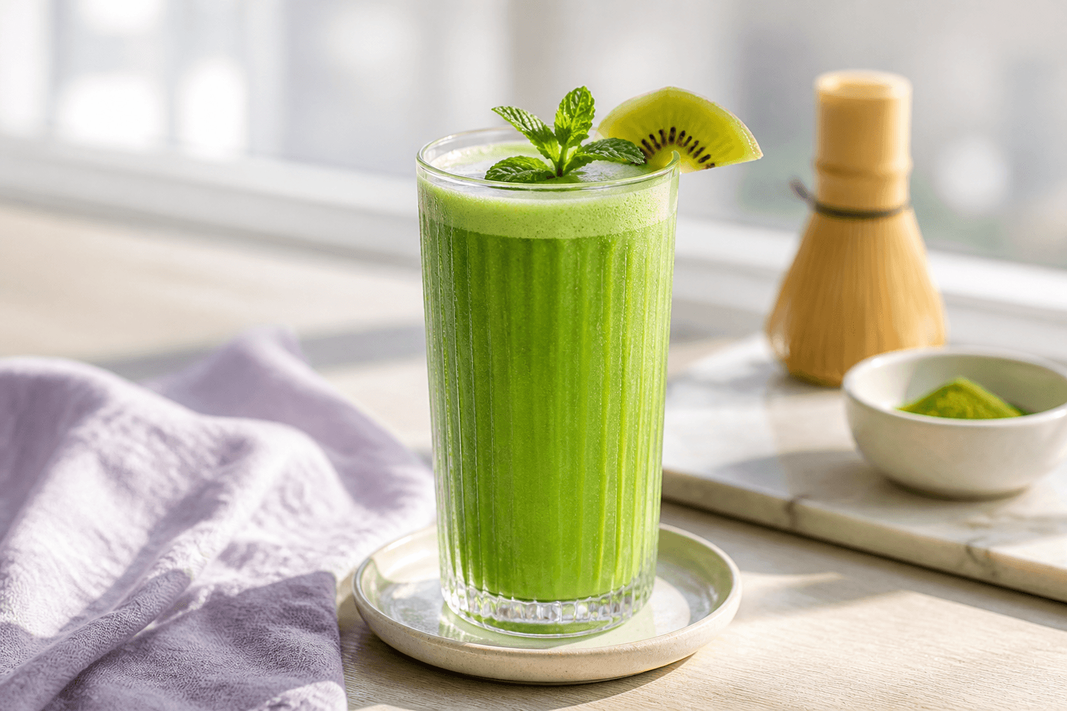Høj jadegrøn matcha-myntesmoothie med pære, kiwi, avocado, skyr og lys skumtop i ribbet glas