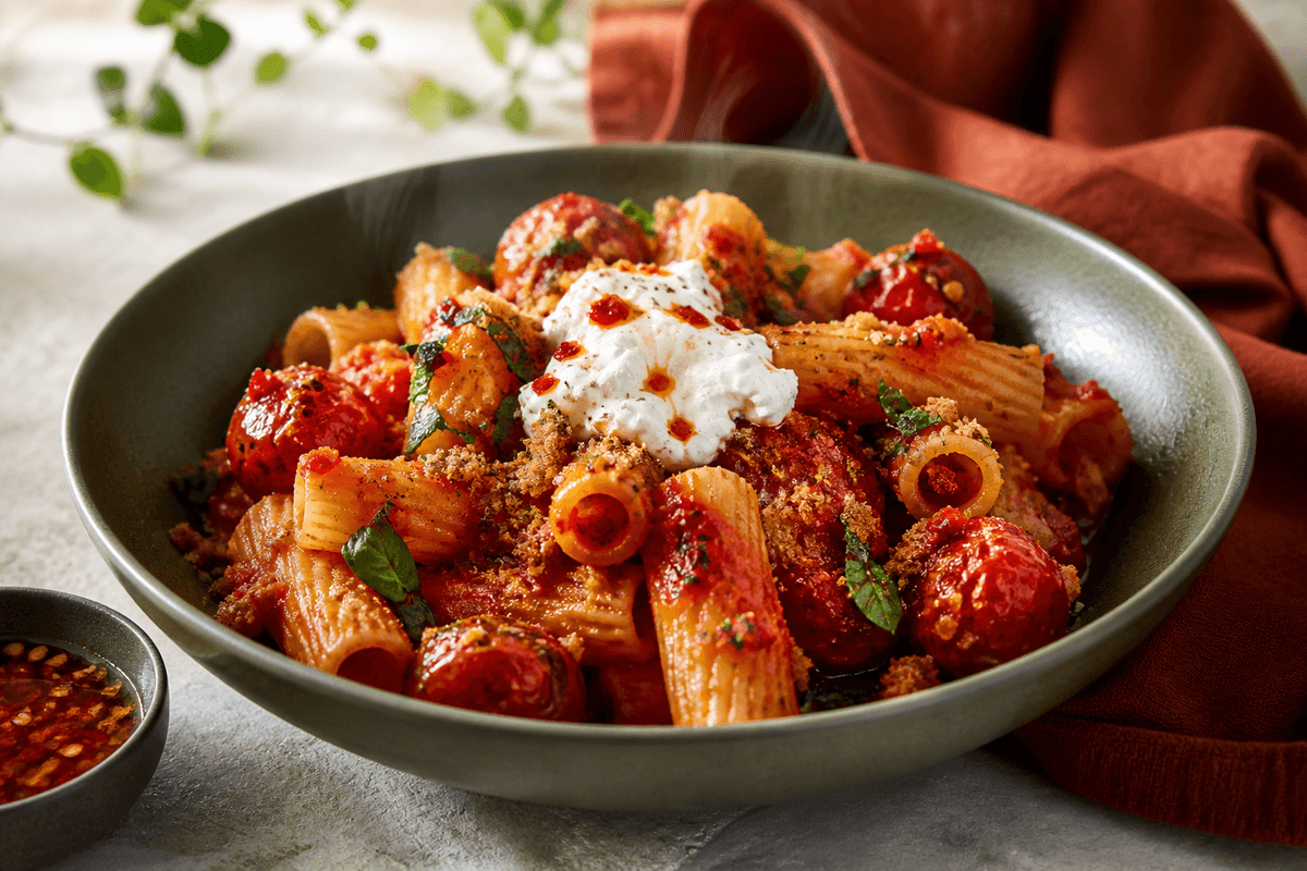 Rigatoni arrabbiata med dybrød sauce, ristede cherrytomater, basilikumkrumme, chiliolie og stracciatella i mørkegrøn skål