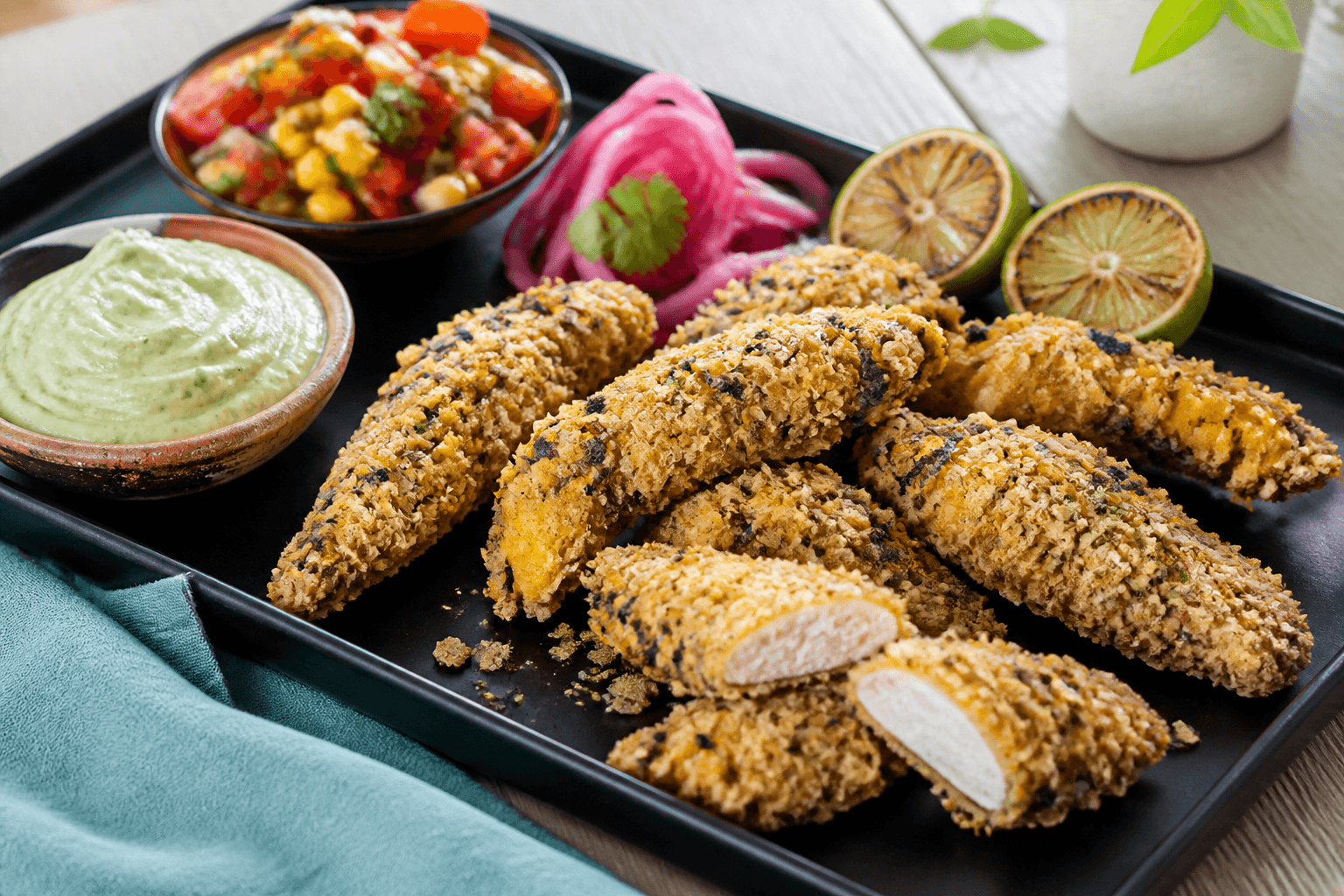 Ancho-lime-kyllingetenders med blå og gule tortillachips, majssalsa, avocadocrema, syltet rødløg og grillet lime