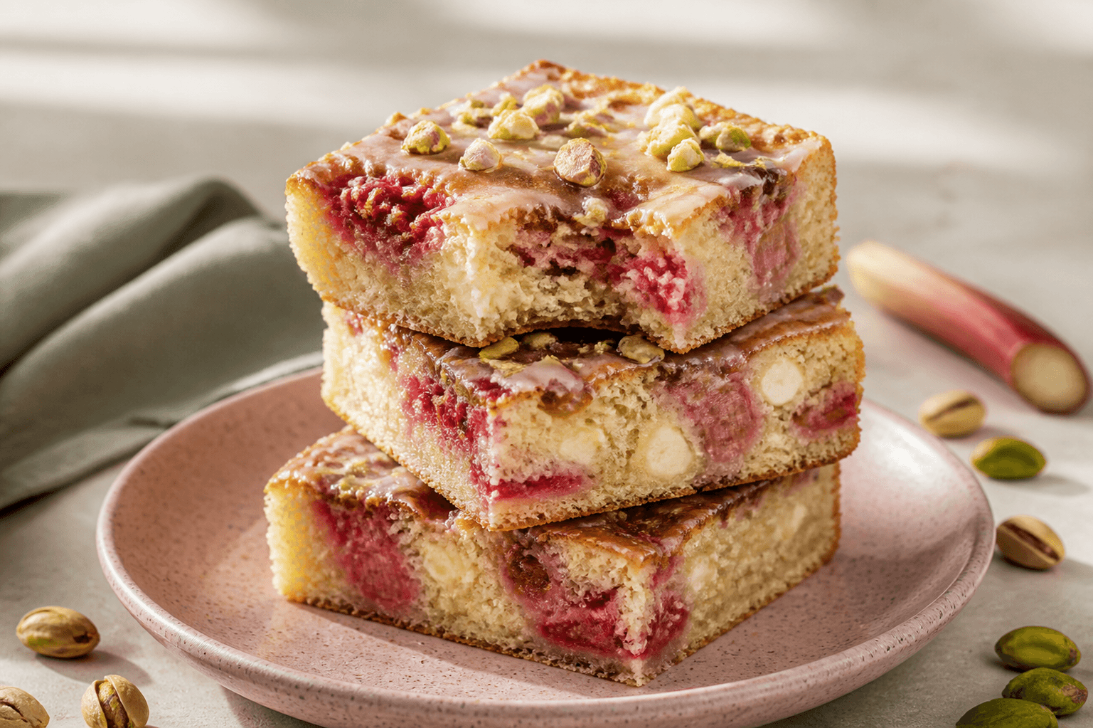 Tre tykke blondies med rabarber-hindbærripple, hvid chokolade, pistacie og citronglasur stablet på støvet rosa tallerken