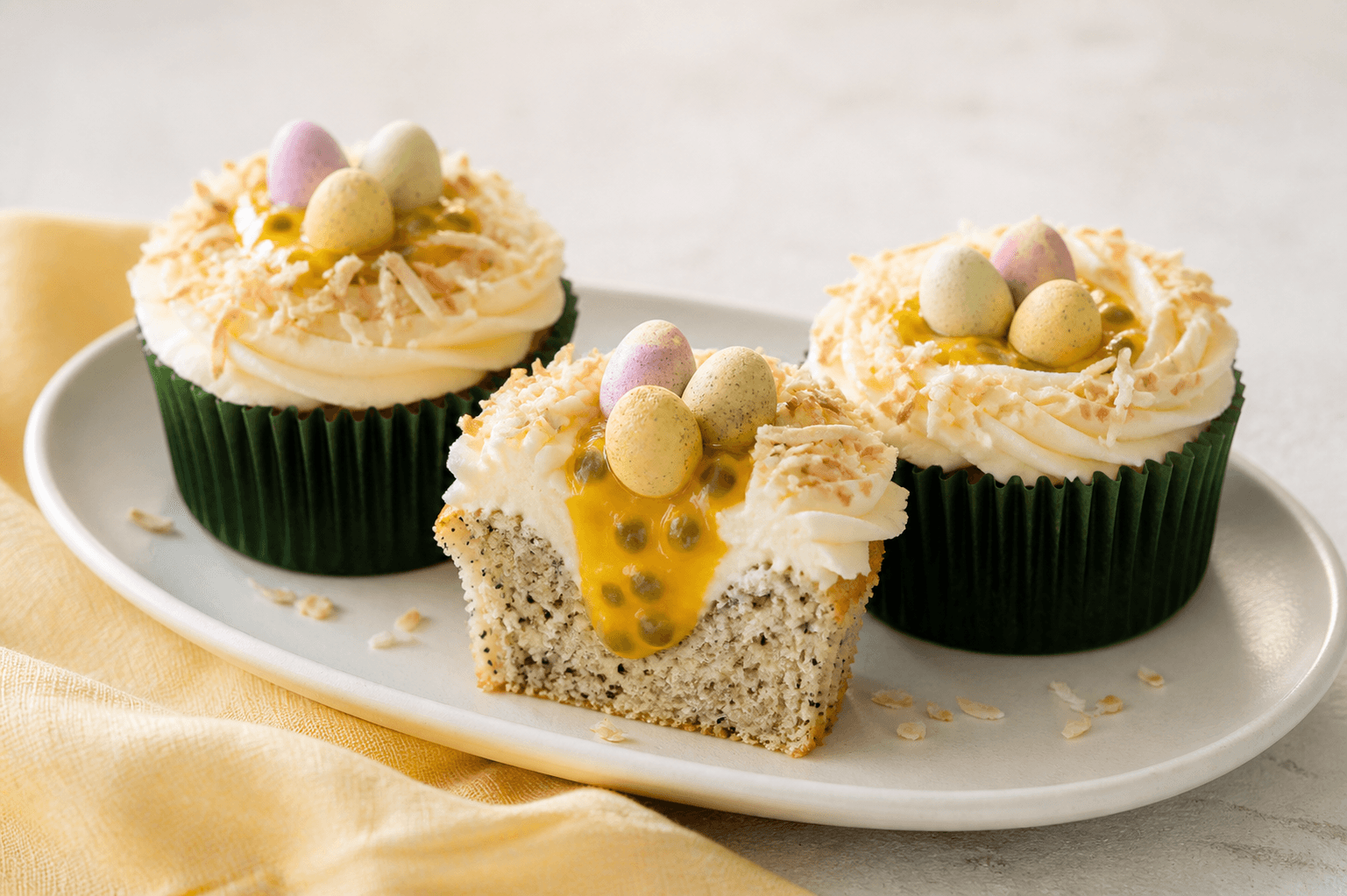 Tre citron-kardemomme-påskemuffins i grønne forme med passionsfrugtcurd, hvid chokoladecreme, kokos og små pastelfarvede chokoladeæg