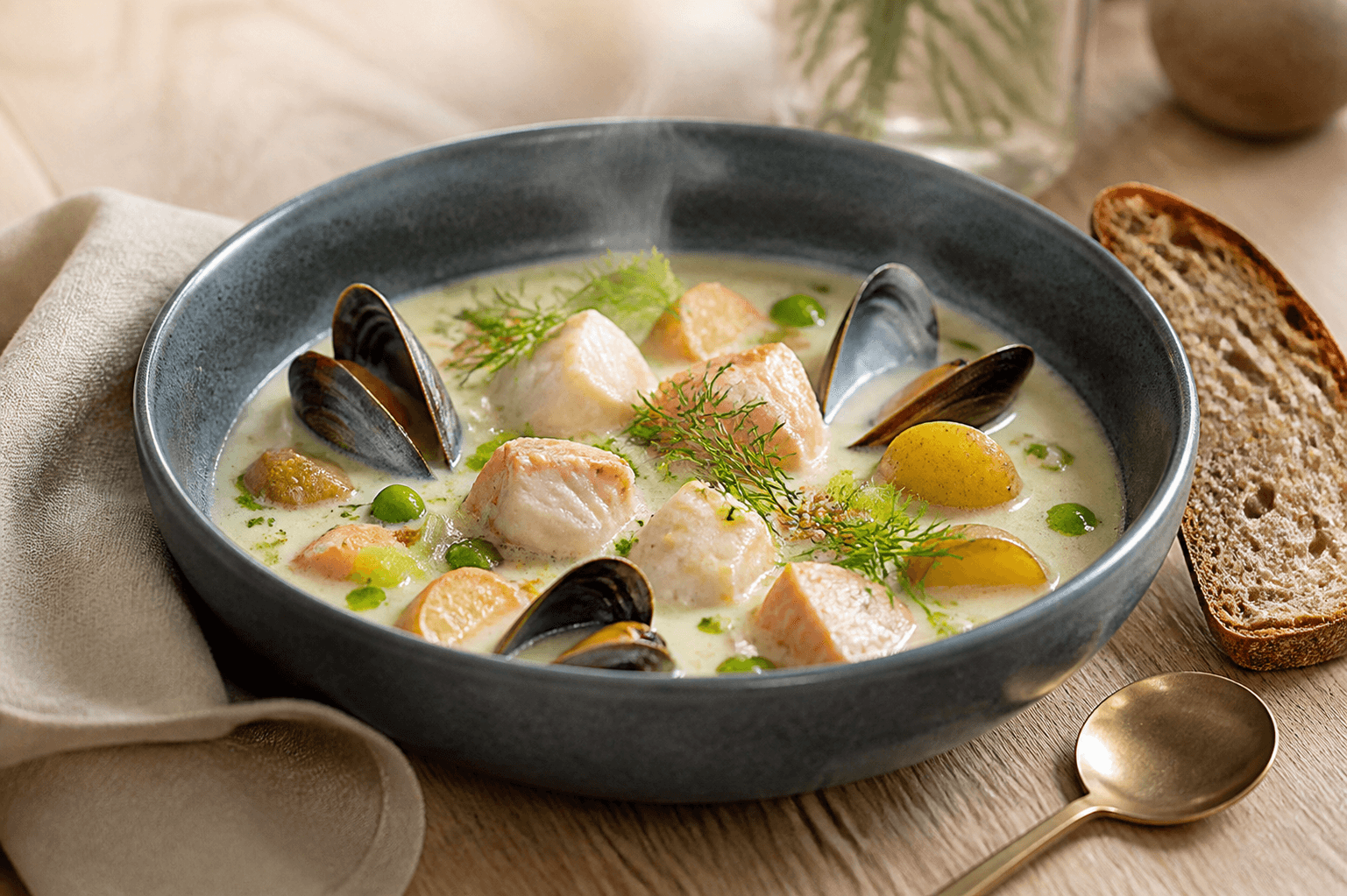Cremet safran-fennikelfiskesuppe med torsk, laks, muslinger, små kartofler, ærter, dildolie og rugtoast i mørkeblå skål