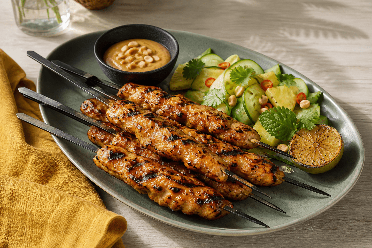 Gyldne citrongræs-kyllingesatay på mørke metalspyd med peanutsauce, ananas-agurkesalat, chili, urter og grillet lime