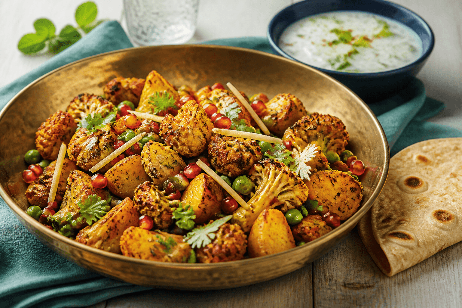 Tørristet aloo gobi med gyldne kartofler, mørkristet blomkål, ærter, granatæble, koriander og ingefær i hamret messingfad med agurk-raita