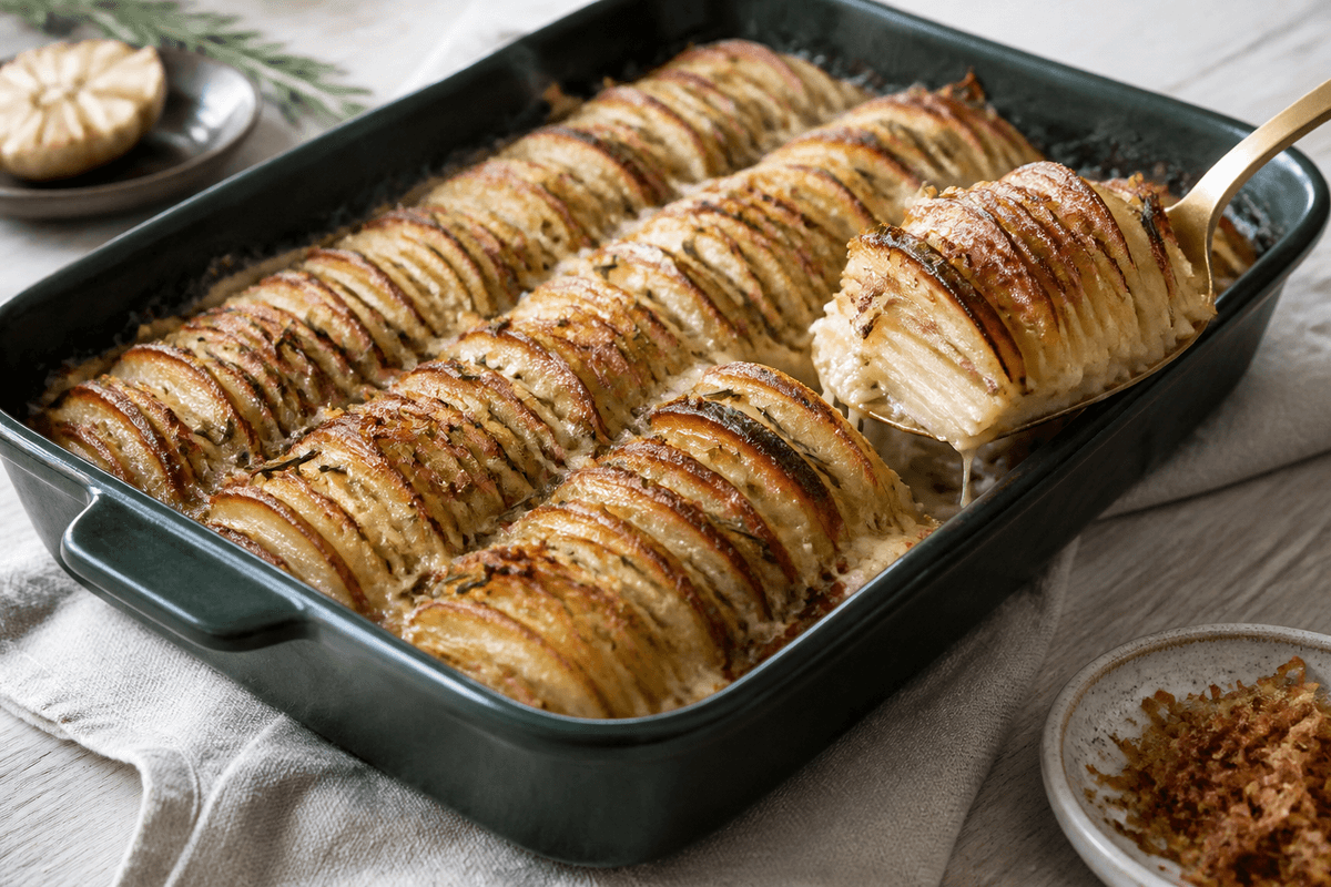 Mørkegrønt fad med tre rækker sprøde kartoffel- og knoldselleriskiver, gruyère, brunet smør, rosmarin og sprøde skalotteløg