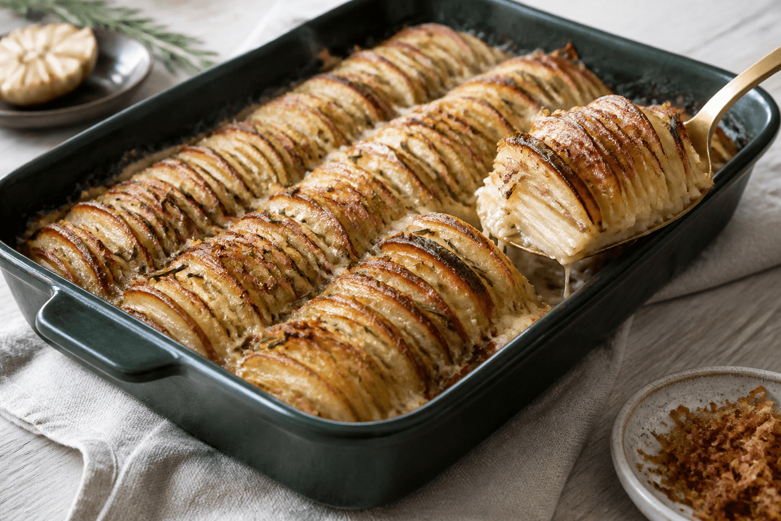 Mørkegrønt fad med tre rækker sprøde kartoffel- og knoldselleriskiver, gruyère, brunet smør, rosmarin og sprøde skalotteløg