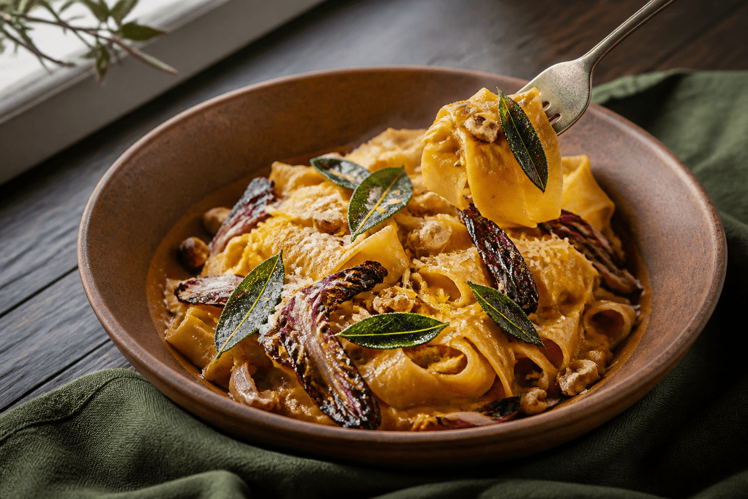Pappardelle i gylden græskar-mascarponecreme med brunet smør-salvie, hasselnød, pecorino, citron og grillet radicchio i terrakottaskål
