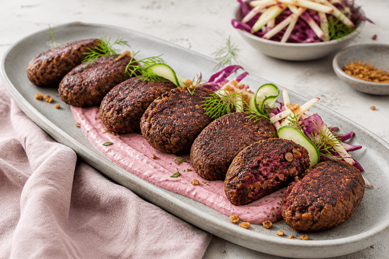 Seks mørkbrune ovale beluga-rødbede-linsefrikadeller med synlig bordeaux midte, rosa peberrodsskyr, agurkeribbons og æble-rødkål