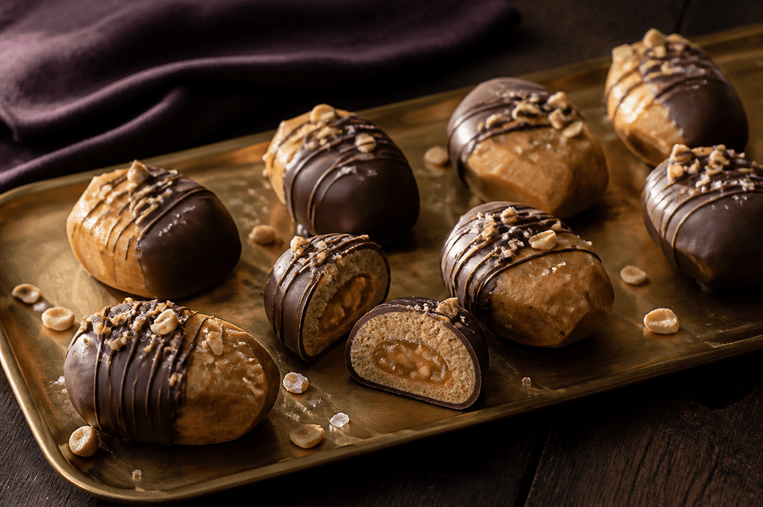 Ni ovale snickerskugler med peanut-dadelfyld, salt blød peanutkaramel, mørk chokolade, peanutknas og havsalt på messingfad