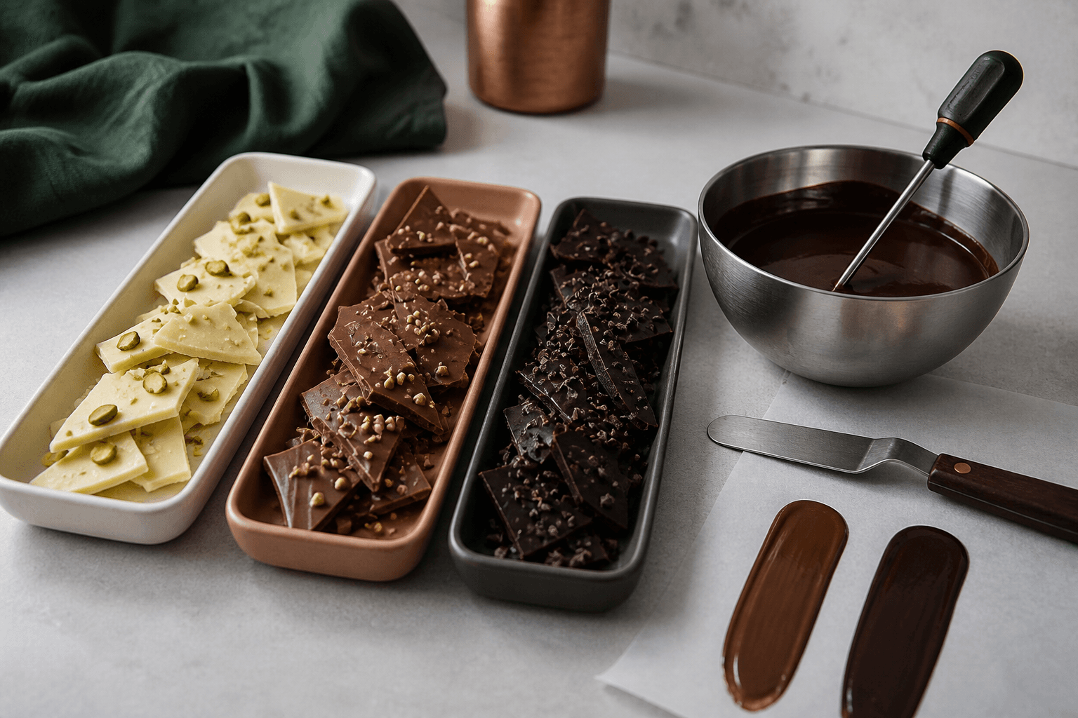 Tre aflange fade med blanke brud af hvid, mælke- og mørk chokolade samt stålskål med smeltet chokolade, termometer og tempereringsprøver